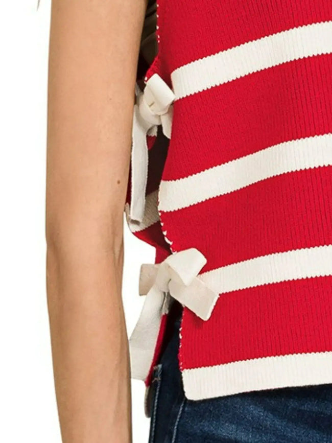 Zenana Side Tie Sleeveless Stripe Sweater  Style Ratio