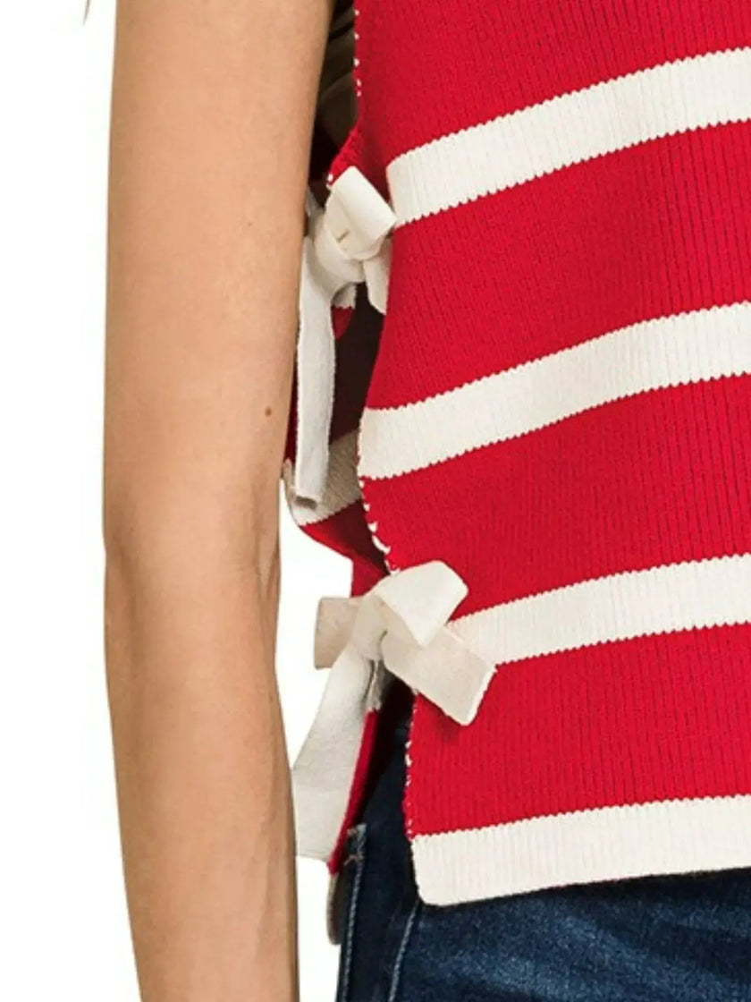 Zenana Side Tie Sleeveless Stripe Sweater  Style Ratio