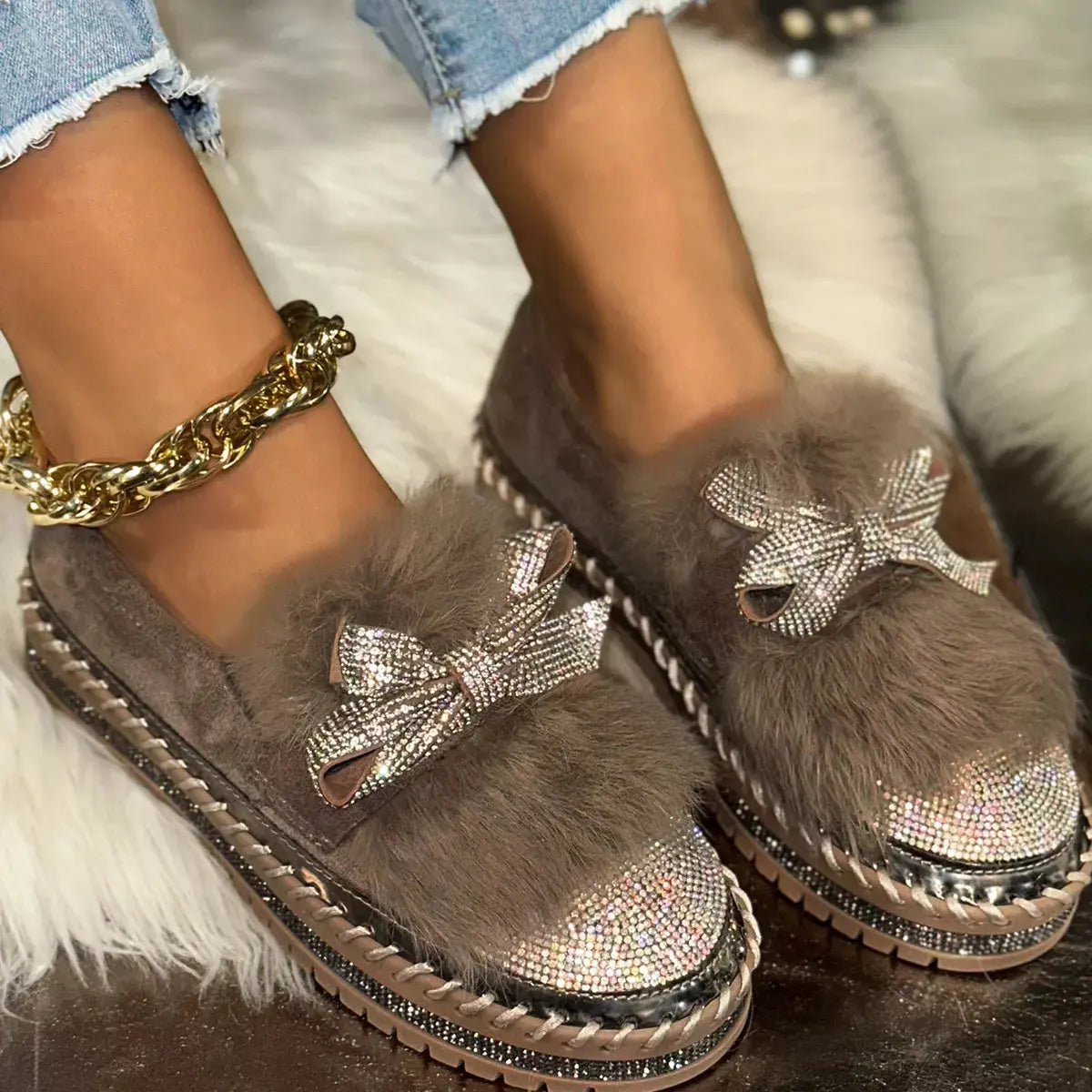 Fuzzy Bowknot Rhinestone Platform Loafers  Style Ratio