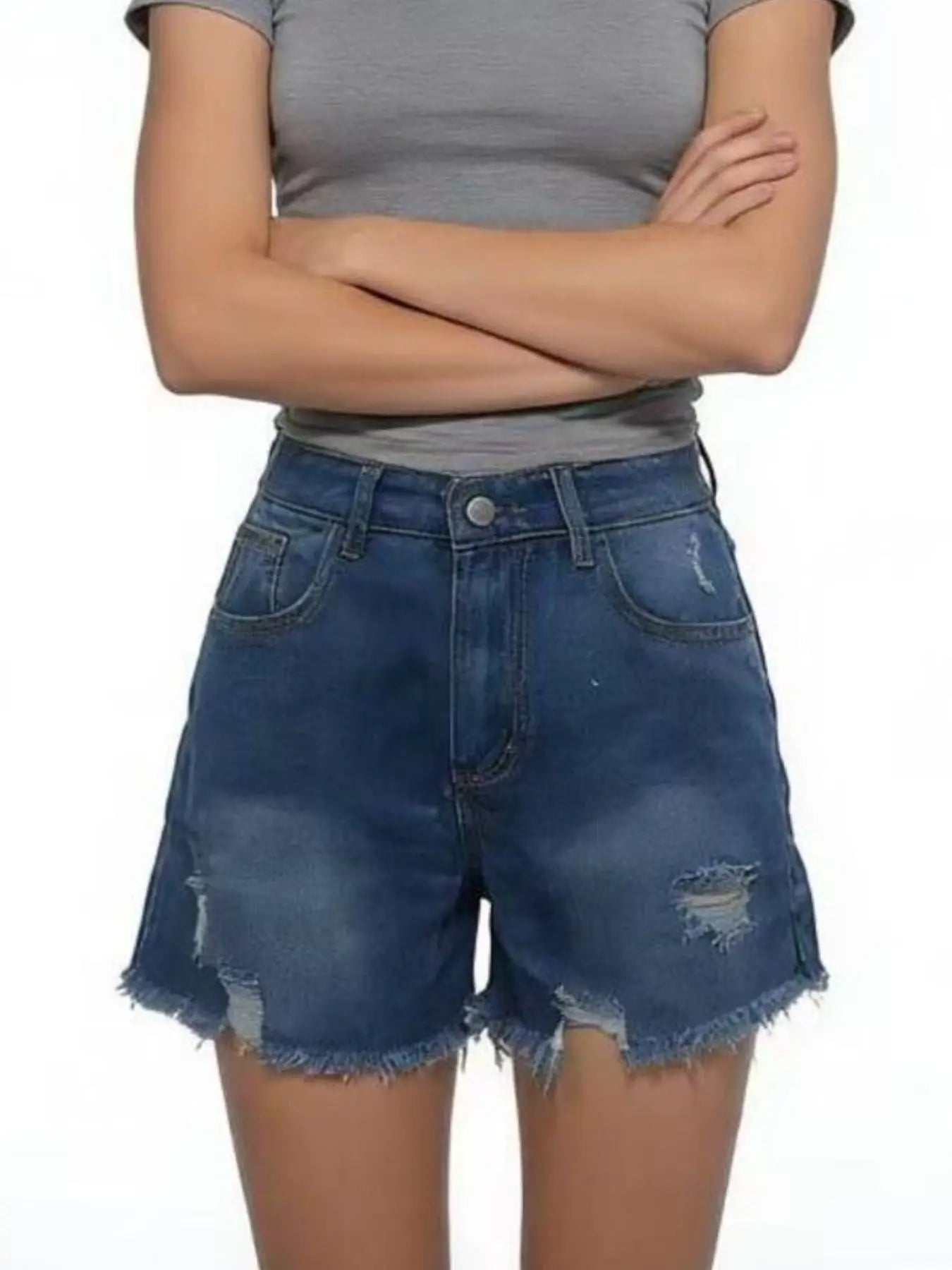 Distressed Frayed Hem Denim Shorts  Style Ratio
