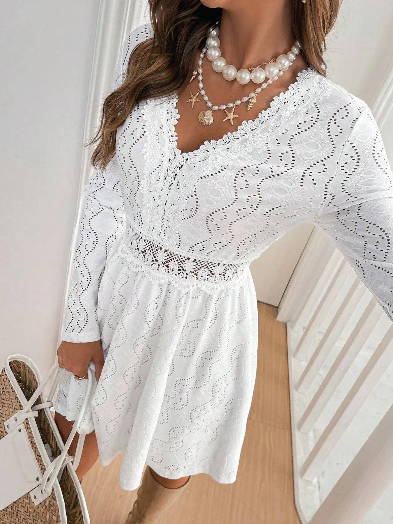 Lace Openwork Long Sleeve V-Neck Dress  Style Ratio