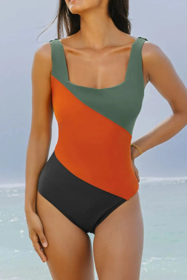 Color Block Padded Square Neck One Piece Swimsuit  Style Ratio