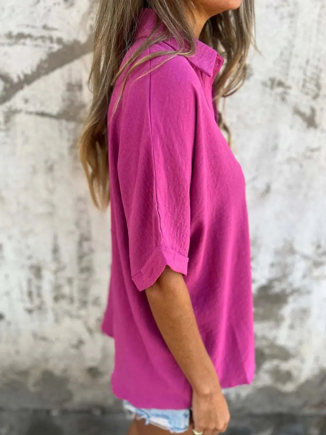 Full Size Collared Neck Half Sleeve Shirt  Style Ratio