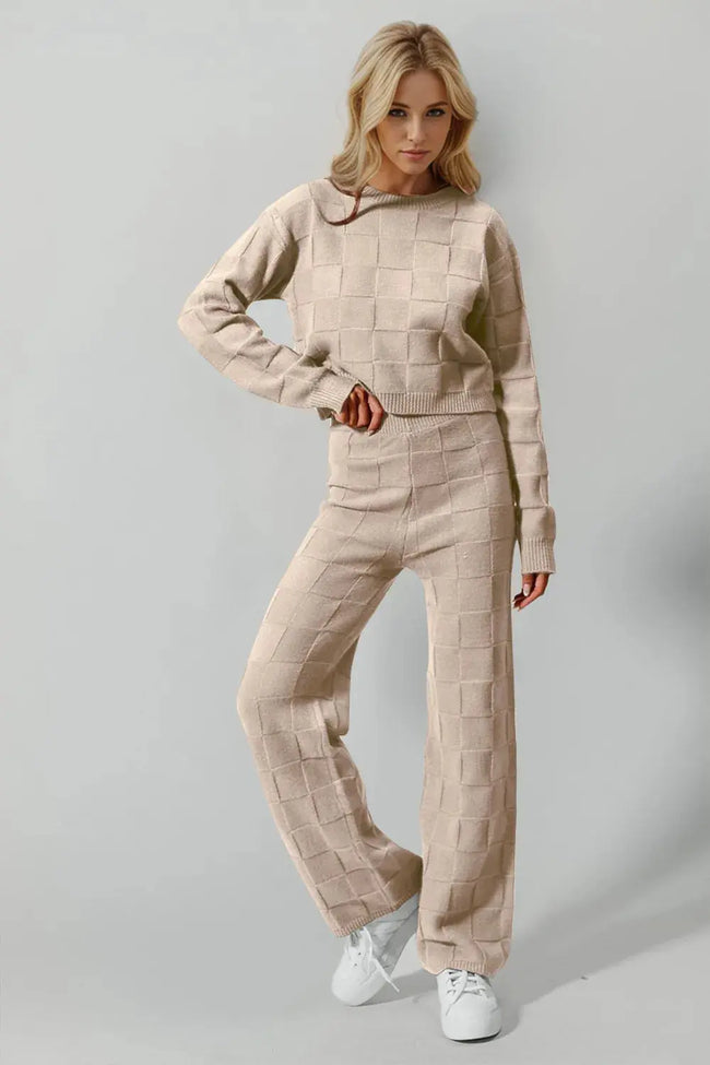 Double Take Full Size Checkered Round Neck Top and Pants Set  Style Ratio