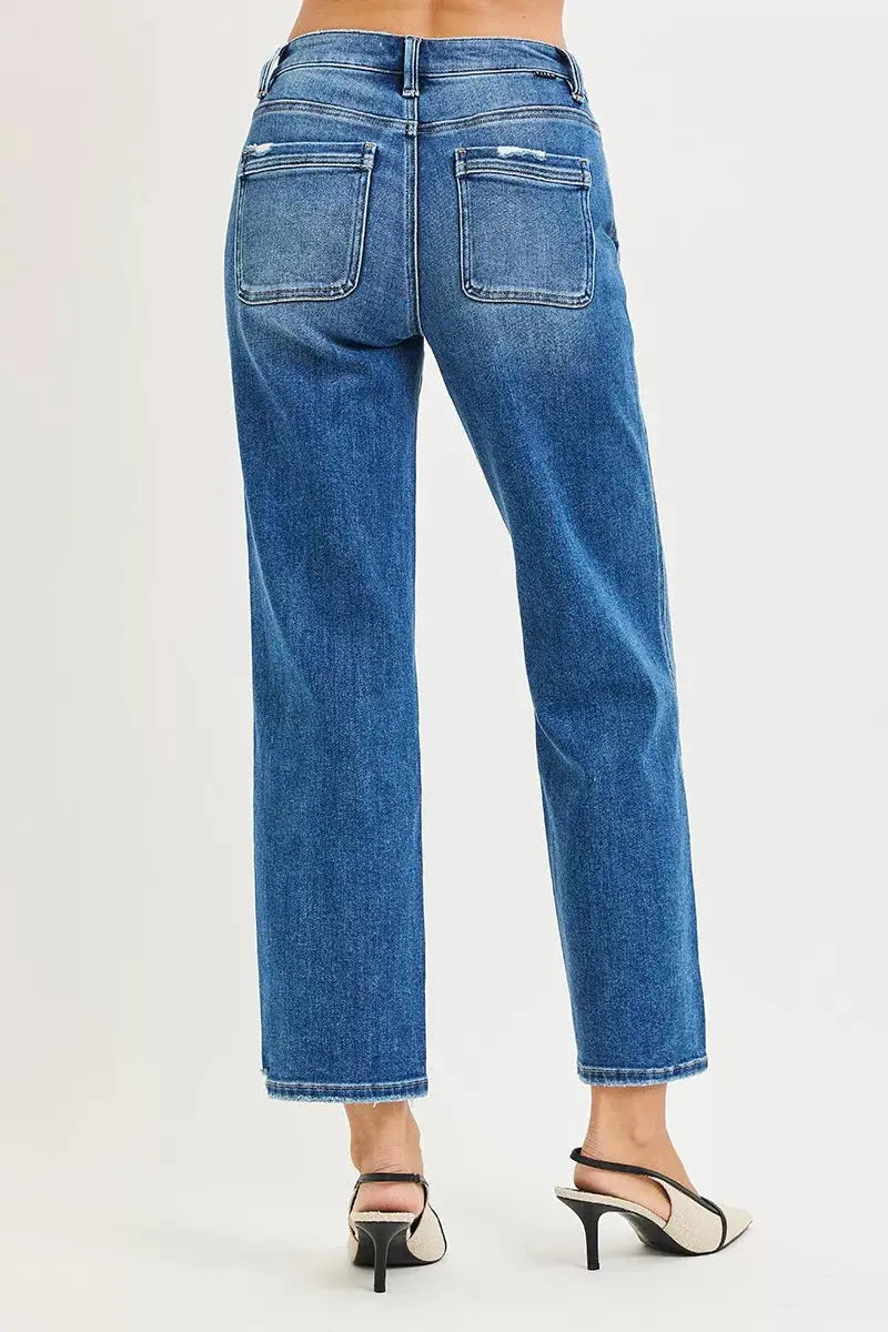 RISEN High Rise Ankle Straight Distressed Hem Detail Jeans  Style Ratio