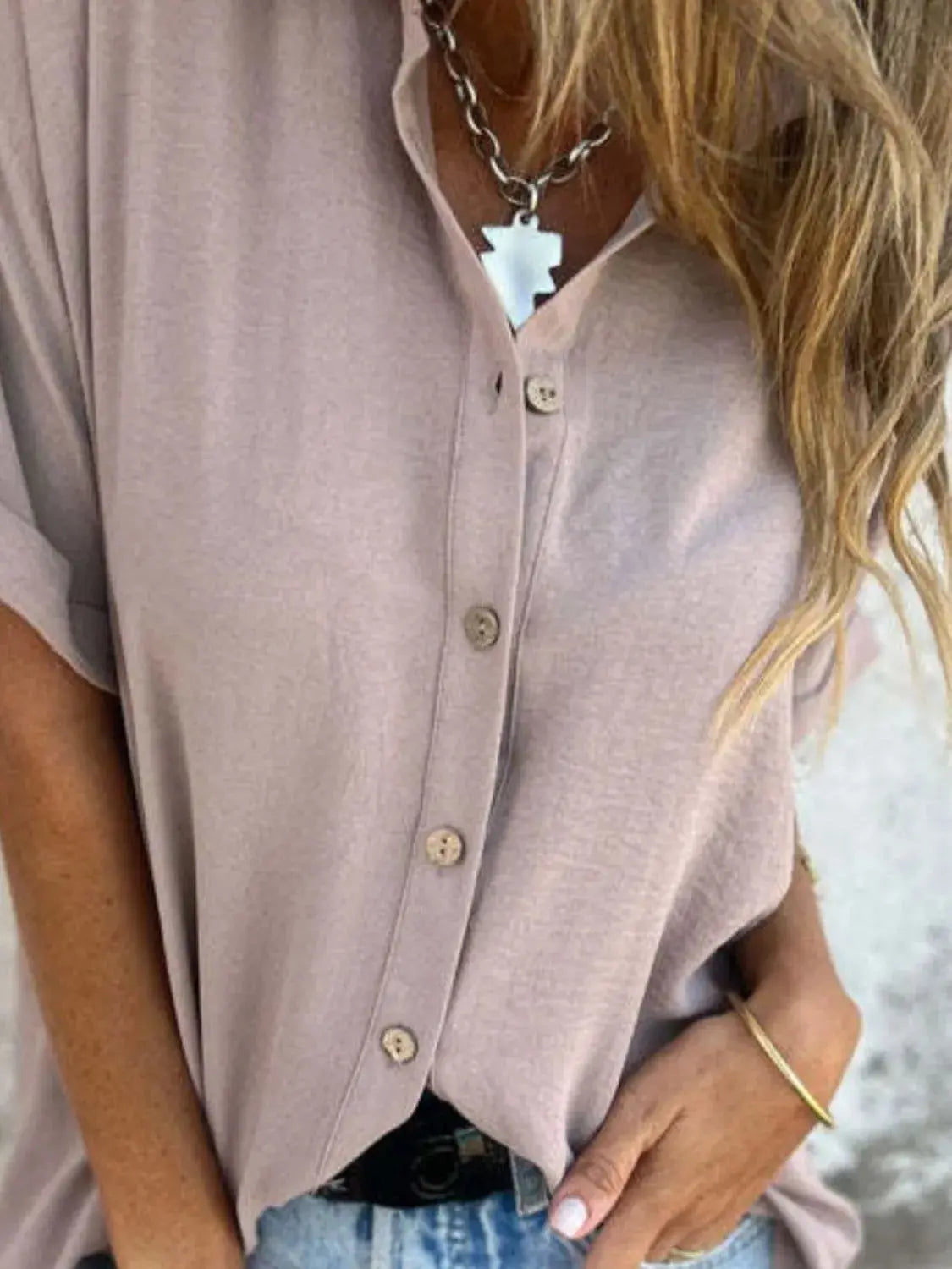 Full Size Collared Neck Half Sleeve Shirt  Style Ratio