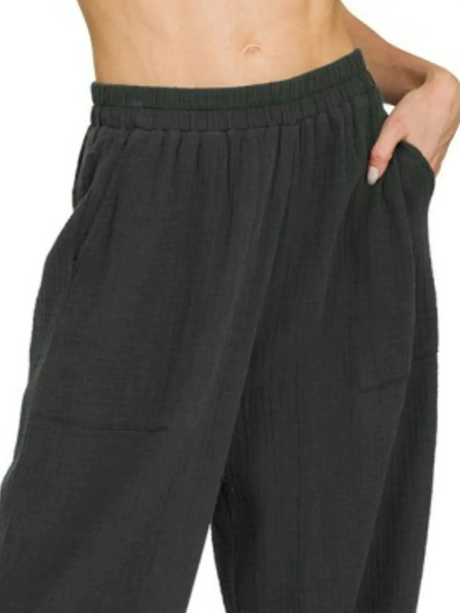 Zenana Double Gauze Elastic Band Wide Leg Pants  Style Ratio