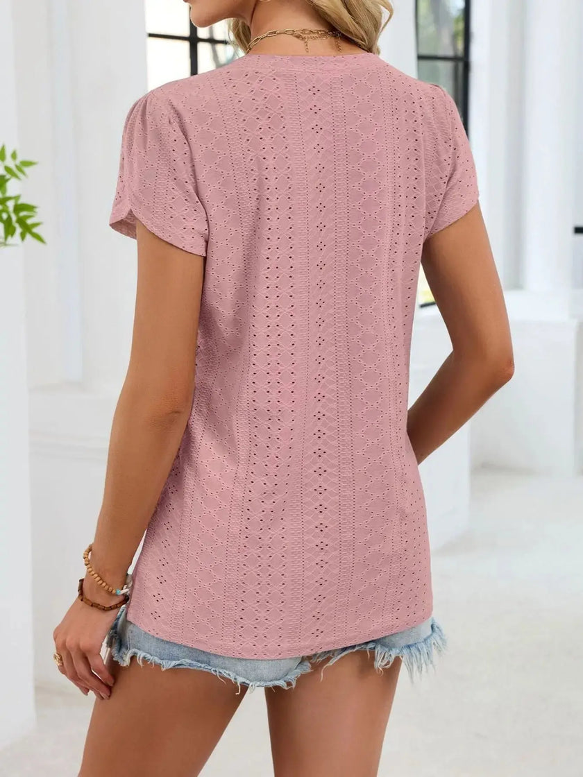 Eyelet Petal Sleeve V Neck Shirt  Style Ratio