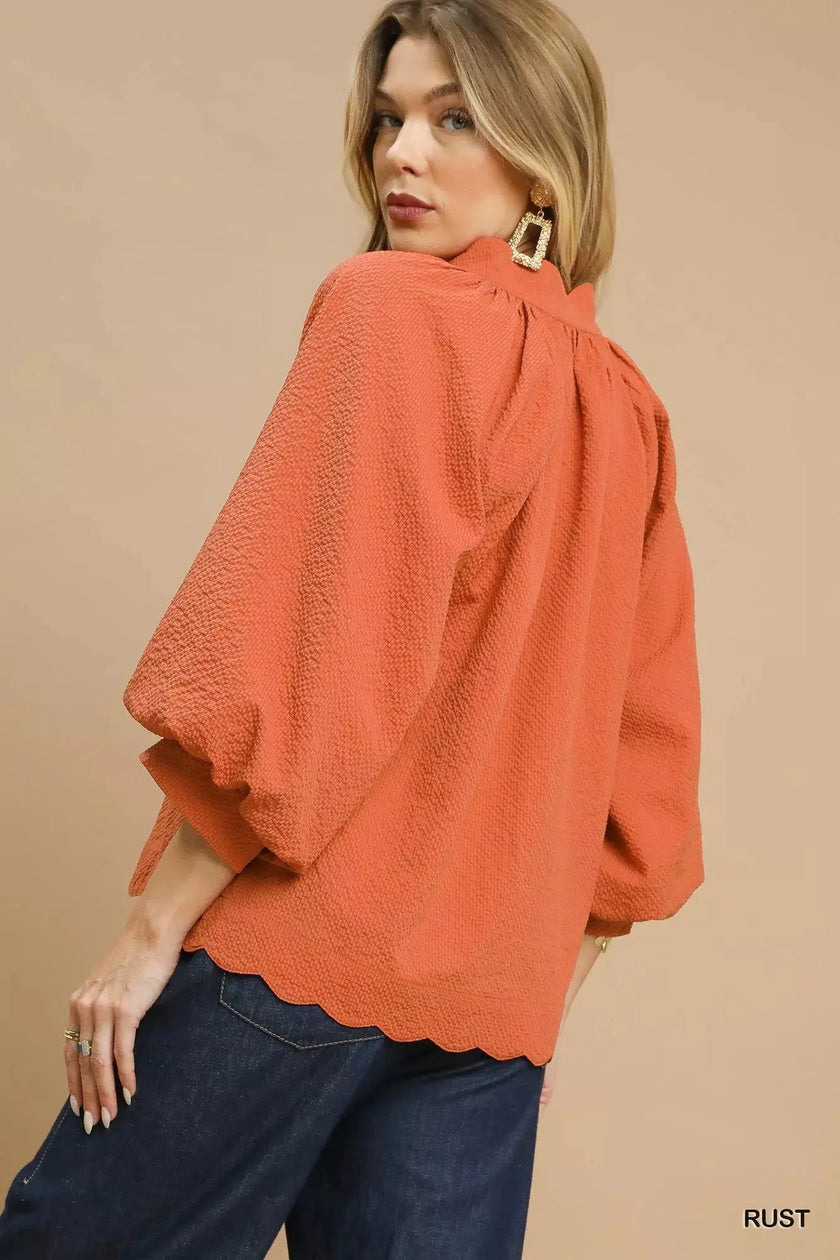 Umgee Textured Notched Balloon Sleeve Blouse with Scalloped Hem  Style Ratio