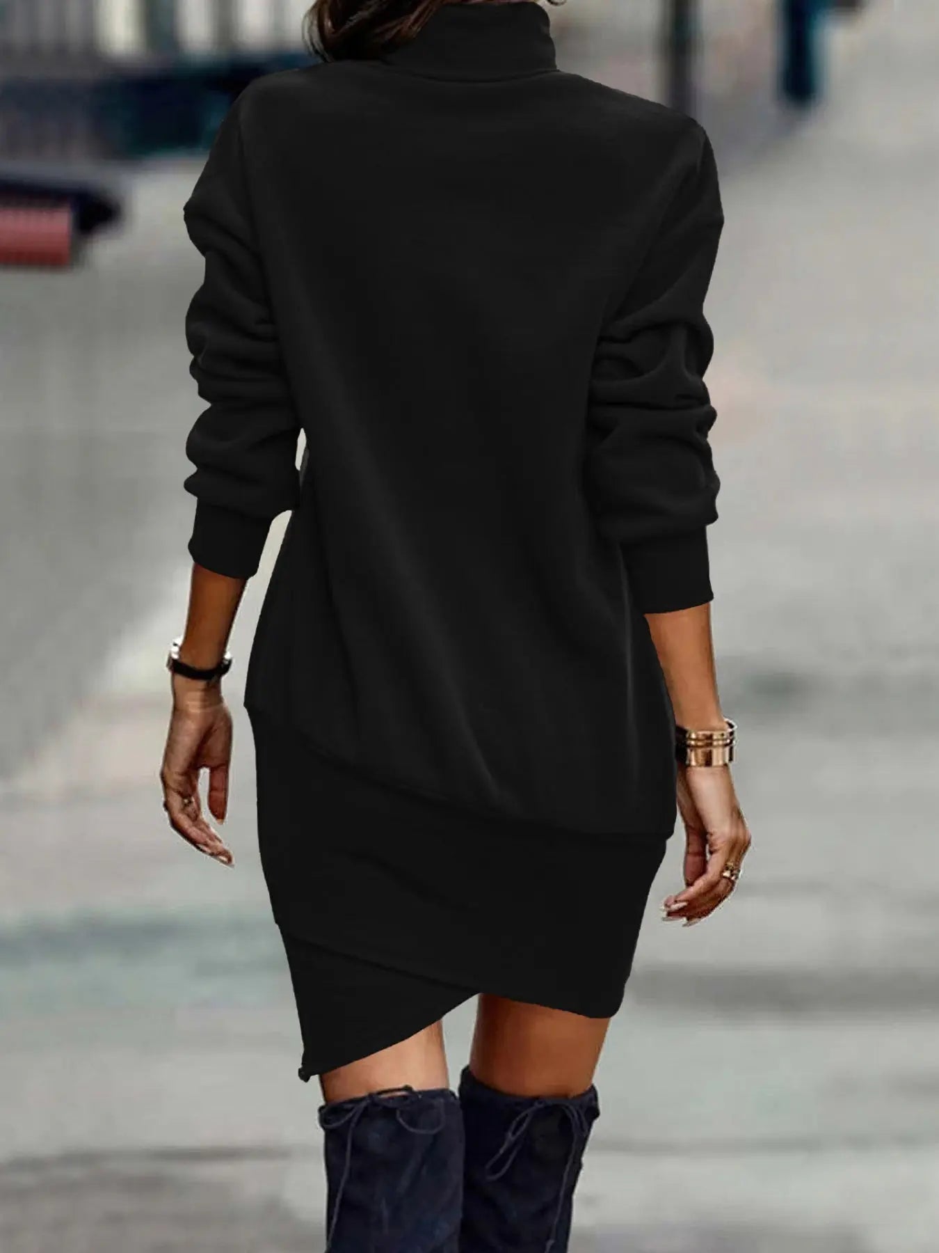 Turtleneck Long Sleeve Asymmetrical Hem Mini Dress  Style Ratio