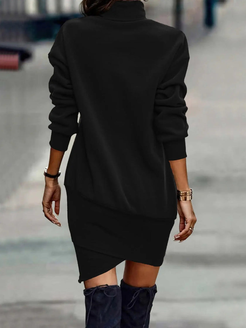 Turtleneck Long Sleeve Asymmetrical Hem Mini Dress  Style Ratio