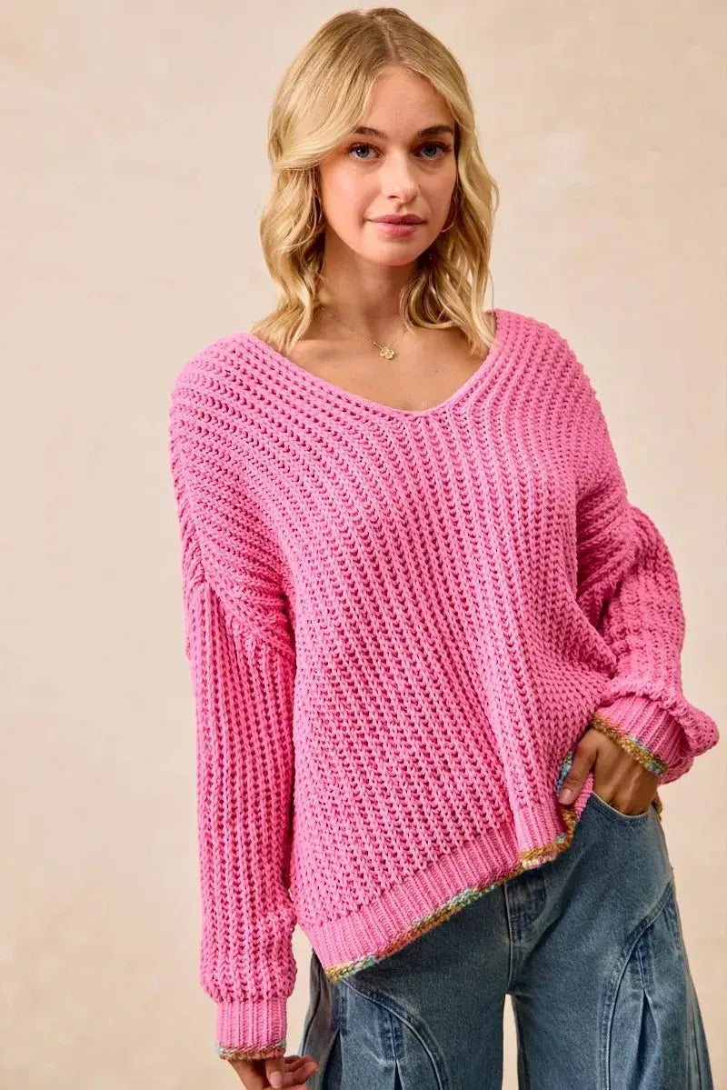 BiBi V Neck Sweater with Colorful Trim  Style Ratio