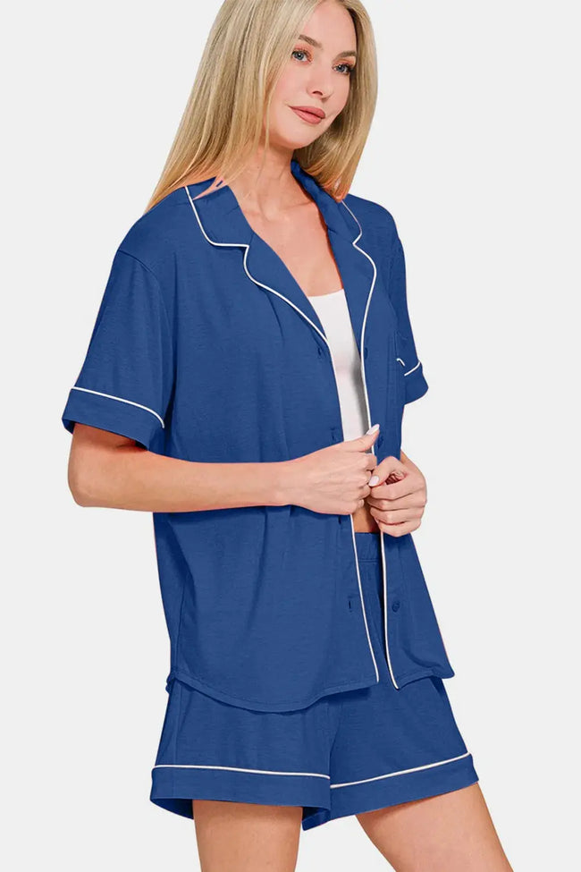Zenana Button Down Short Sleeve Top and Shorts Lounge Set  Style Ratio