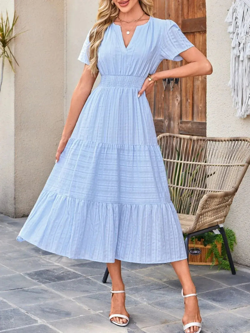 Tiered Notched Short Sleeve Dress  Style Ratio
