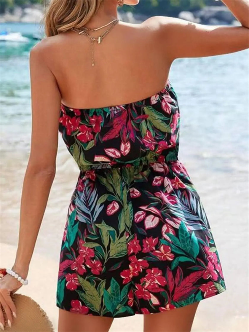 Floral Print Strapless Elastic Waist Romper  Style Ratio