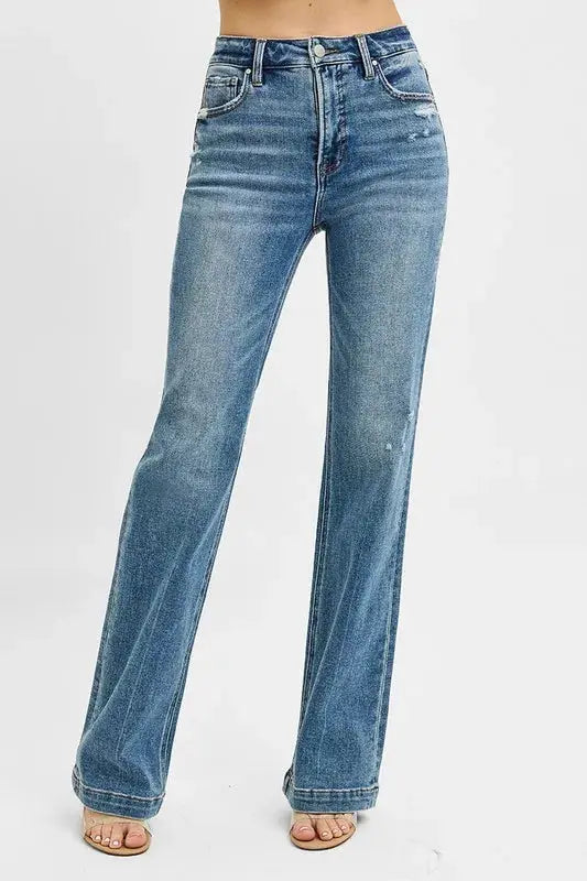 RISEN Full Size Distressed Detail Bootcut Jeans  Style Ratio