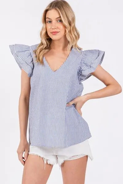 Ces Femme Striped V-Neck Ruffled Cap Sleeve Blouse  Style Ratio