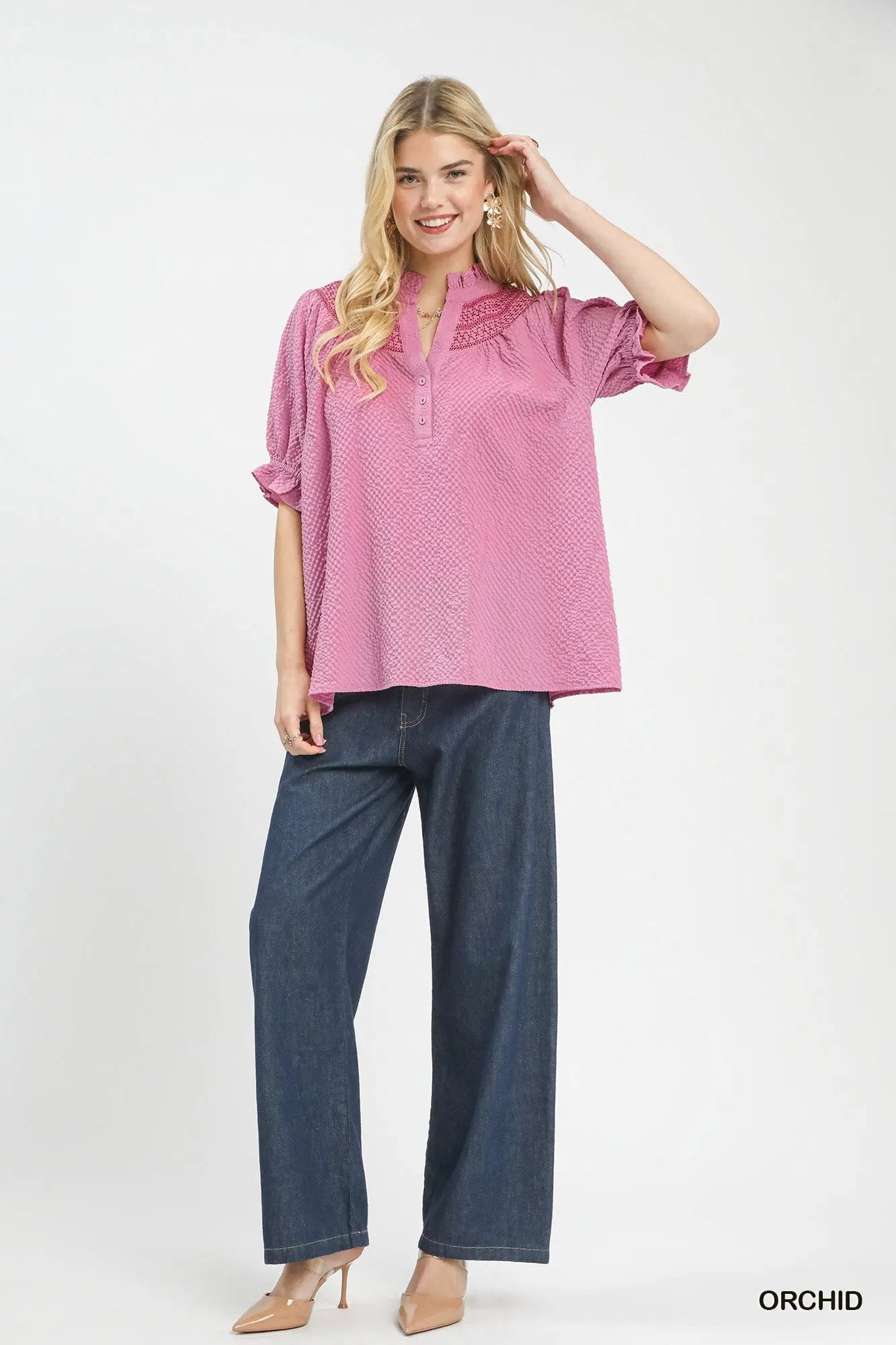 Umgee Textured Henley Blouse with Ruffle Cuffs  Style Ratio