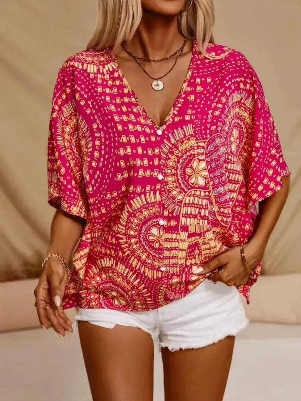 Printed V Neck Half Sleeve Blouse  Style Ratio