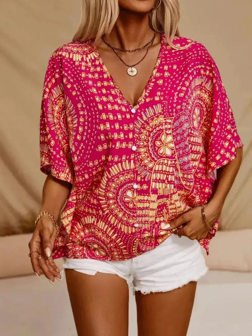 Printed V Neck Half Sleeve Blouse  Style Ratio