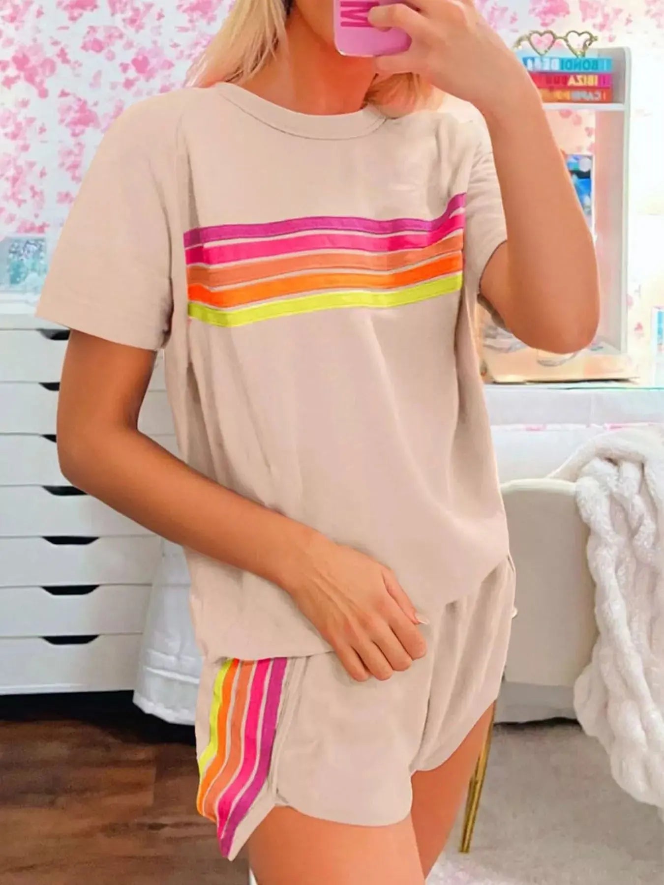 Rainbow Striped Round Neck Top and Shorts Set  Style Ratio