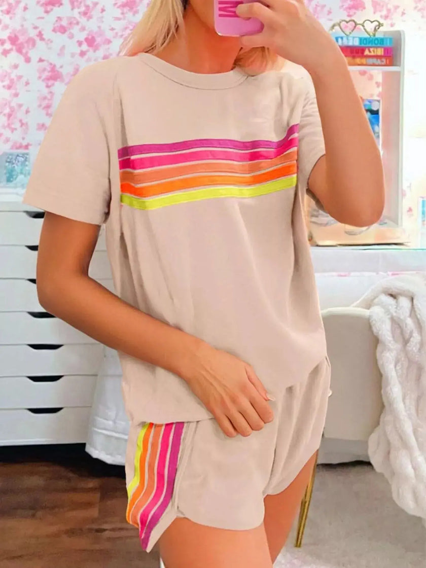 Rainbow Striped Round Neck Top and Shorts Set  Style Ratio