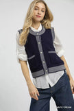 Umgee Contrast Striped Trim Button Down Sweater Vest  Style Ratio