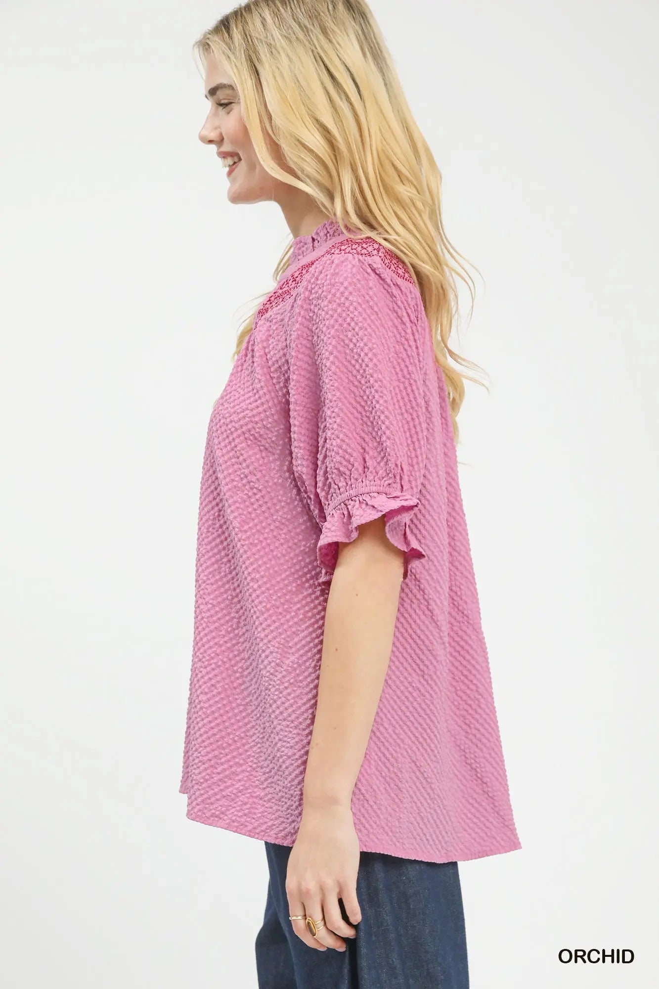 Umgee Textured Henley Blouse with Ruffle Cuffs  Style Ratio