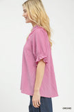 Umgee Textured Henley Blouse with Ruffle Cuffs  Style Ratio
