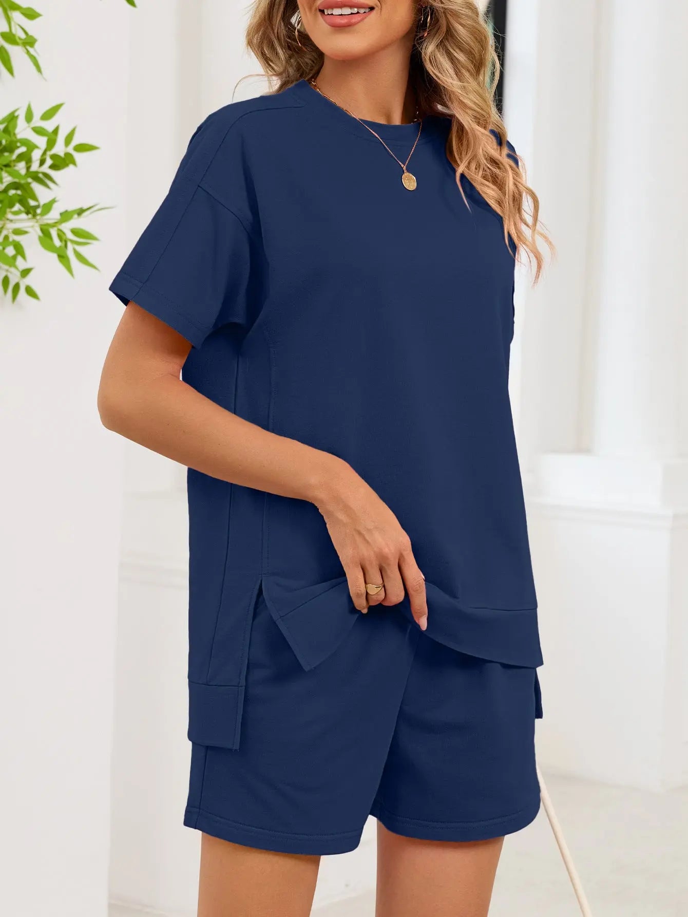 Round Neck Short Sleeve Shirt and Shorts Loungewear  Style Ratio