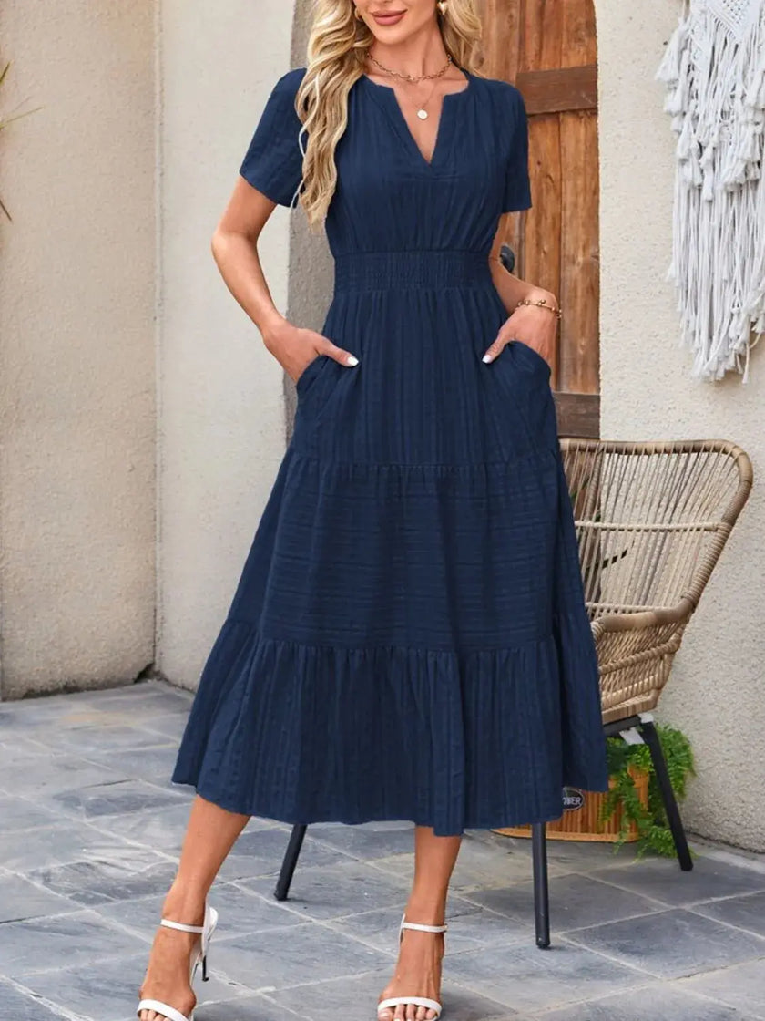 Tiered Notched Short Sleeve Dress  Style Ratio