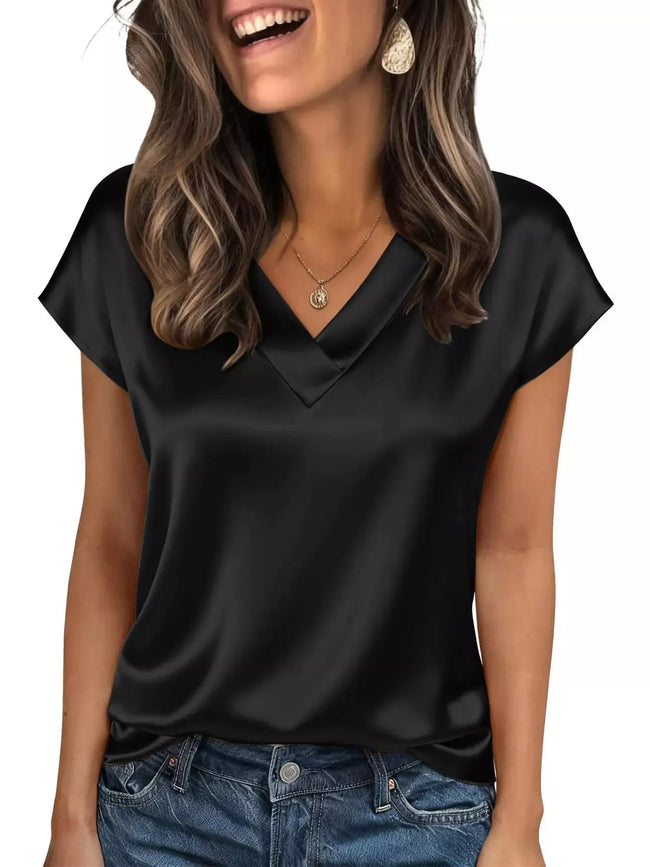 Satin V-Neck Cap Sleeve Blouse  Style Ratio