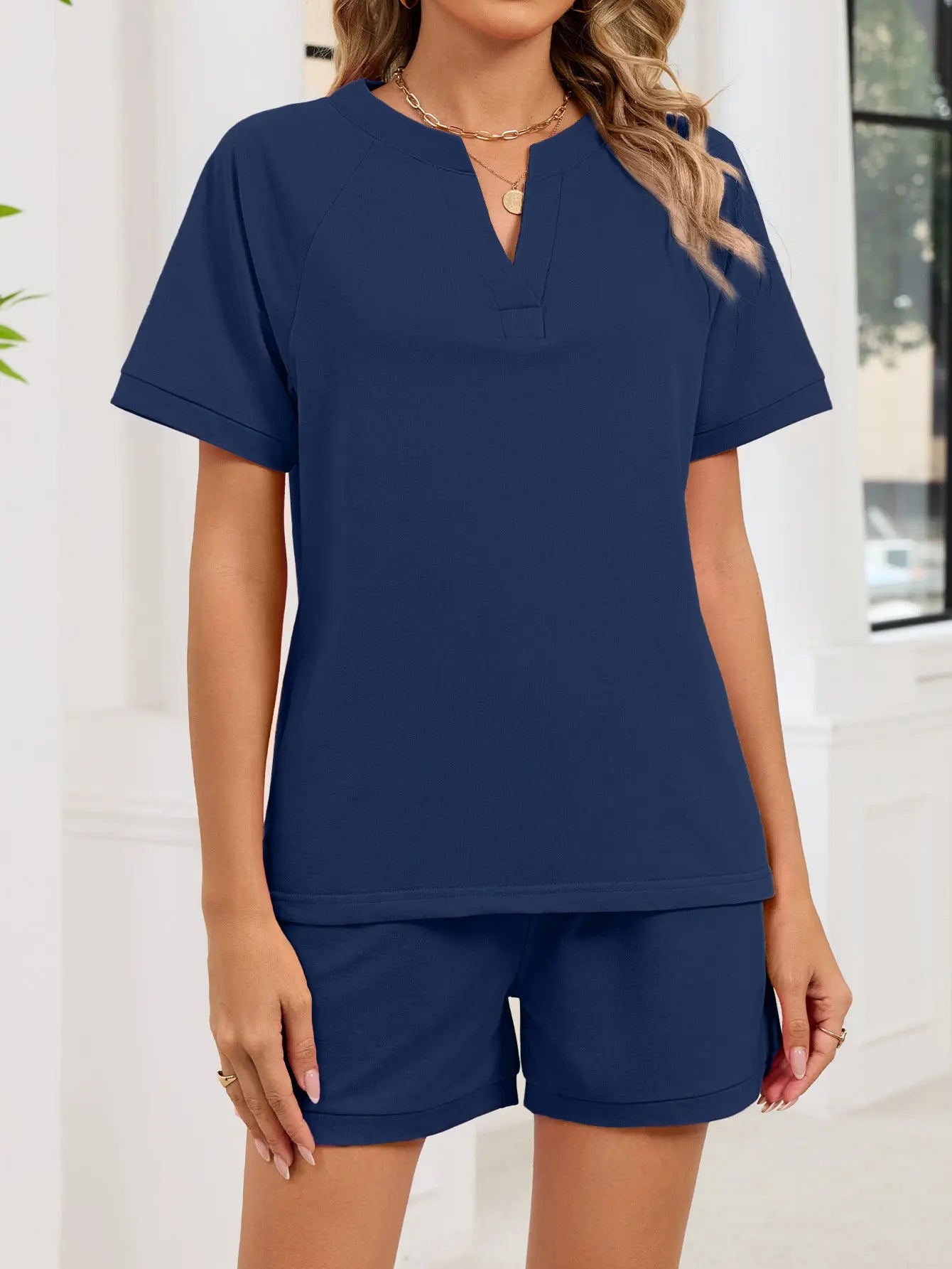 Notched Short Sleeve Top and Shorts Set  Style Ratio