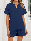 Notched Short Sleeve Top and Shorts Set  Style Ratio