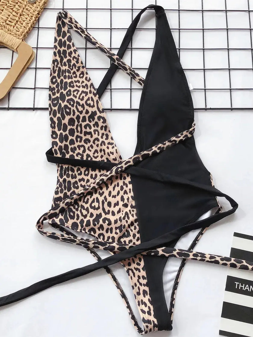 Tied Leopard Plunge One-Piece Swimwear  Style Ratio
