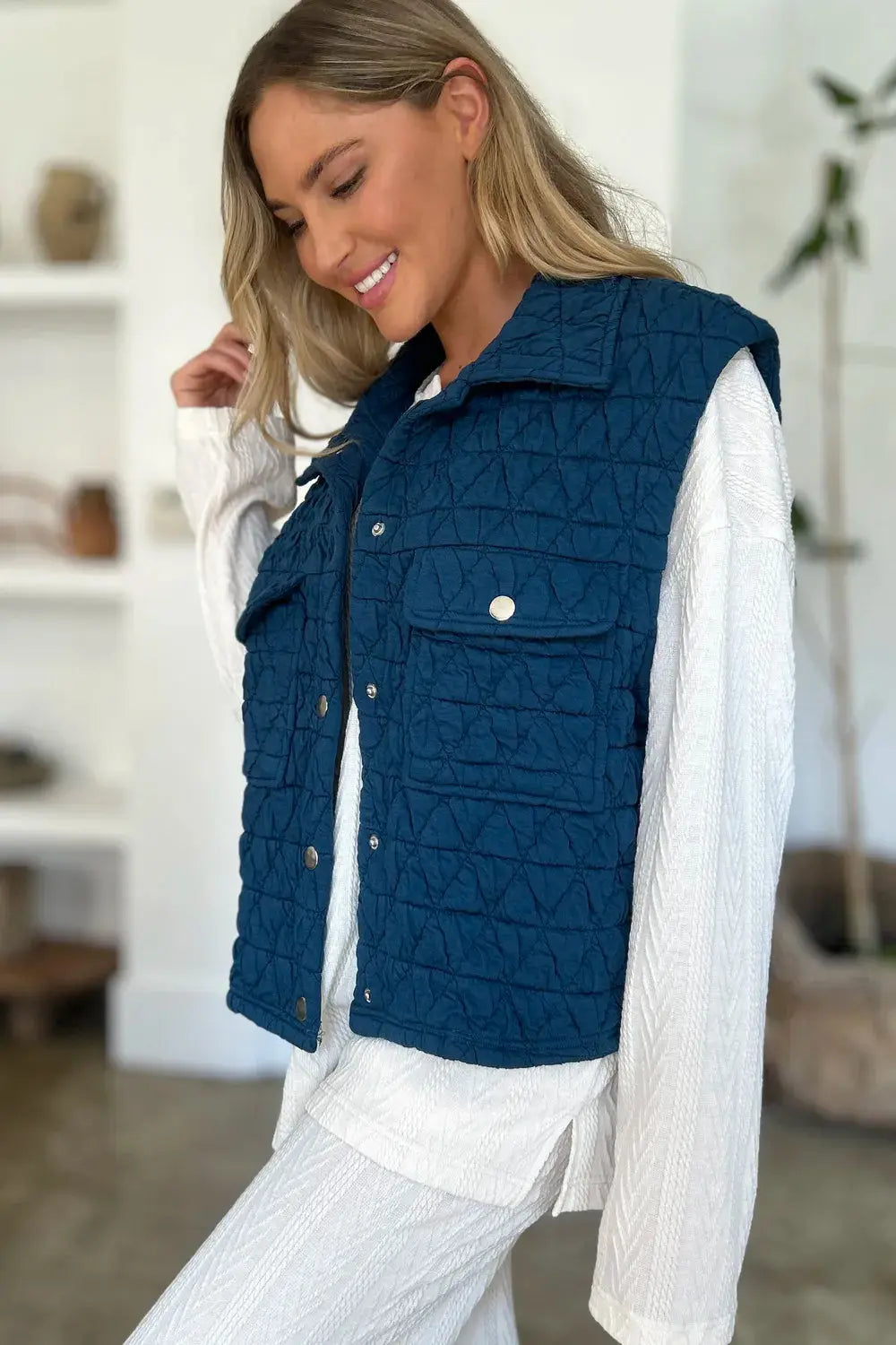 Double Take Full Size Pocketed Texture Snap Down Vest Coat  Style Ratio