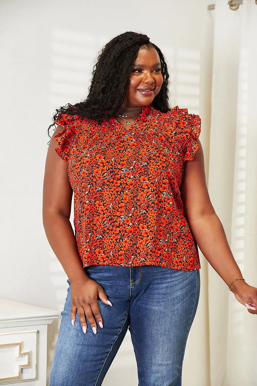 Double Take Floral Flutter Sleeve Notched Neck Blouse  Style Ratio
