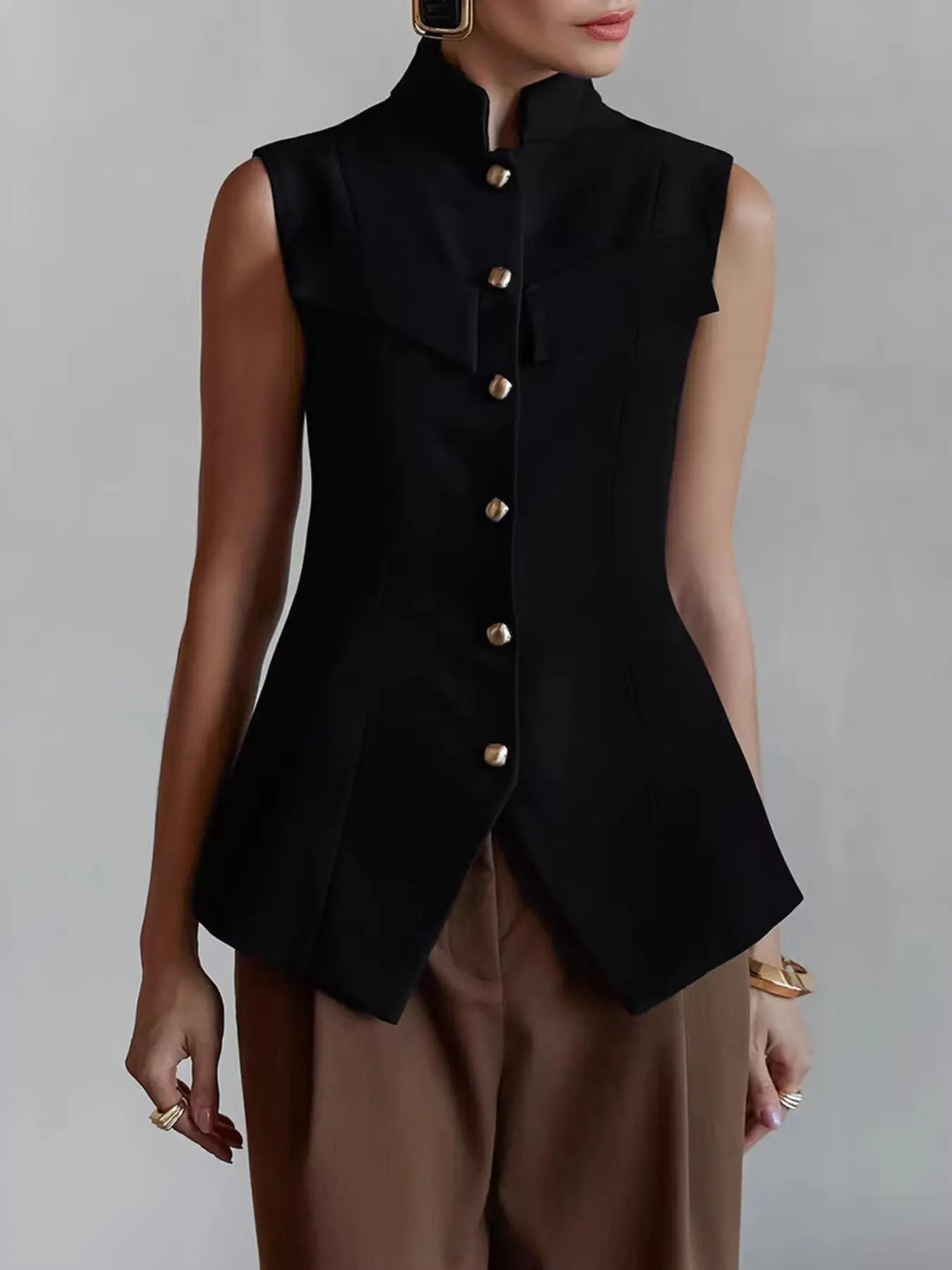Stand Collar Button-Down Vest Coat  Style Ratio