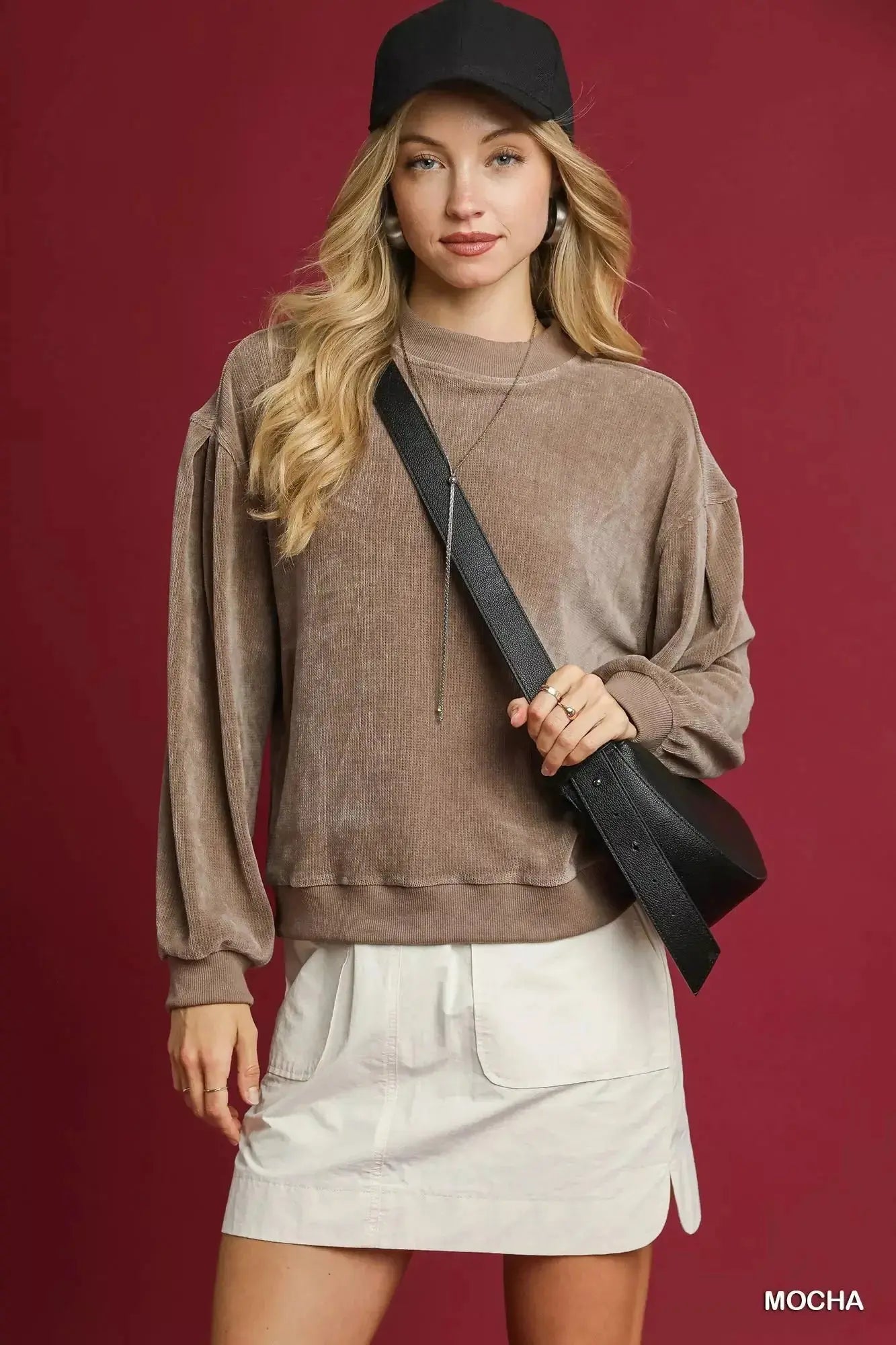 Umgee Velour Crewneck Balloon Sleeve Sweatshirt  Style Ratio