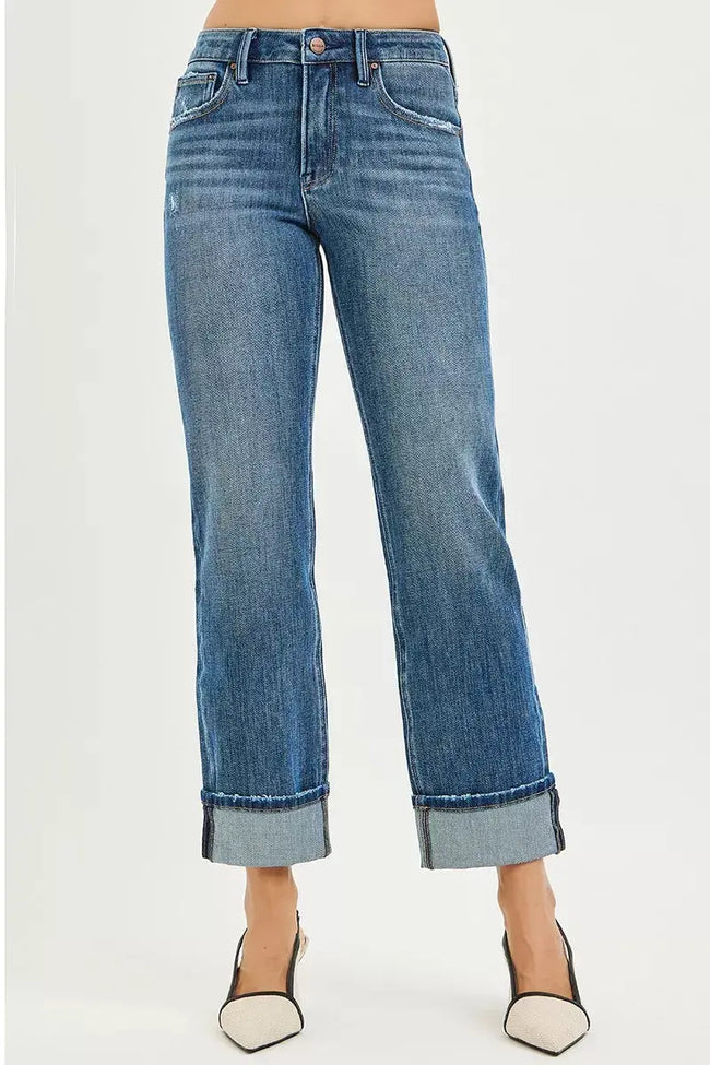RISEN Full Size 4 Way Stretch Slouchy Straight Jeans with Cuffed Hem  Style Ratio