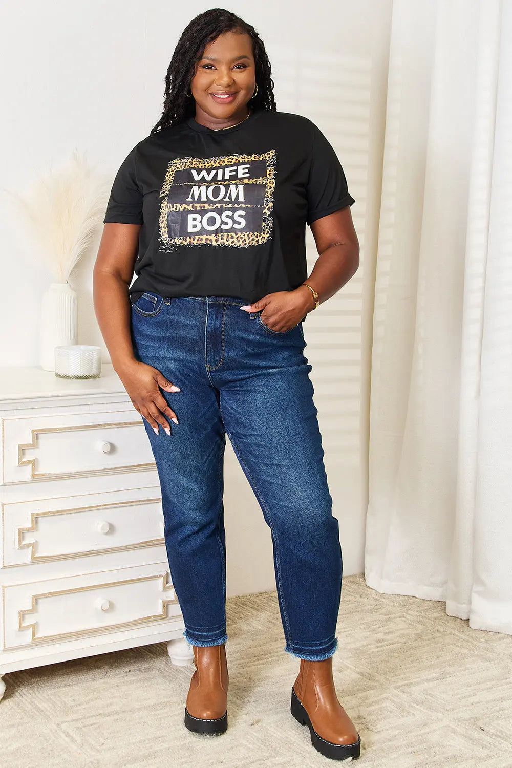 Wife Mom Boss Leopard Graphic Short Sleeve Shirt  Style Ratio