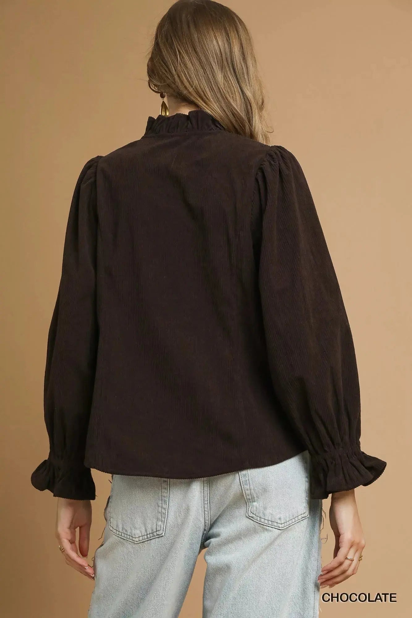 Umgee Corduroy Ruffle Shirt with Long Puff Sleeves  Style Ratio