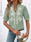 Embroidered Notched Short Sleeve Blouse  Style Ratio