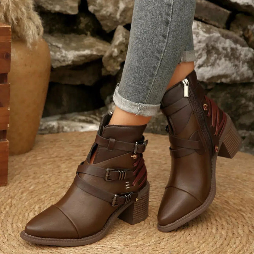 Point Toe Buckle Strap Ankle Boots with Block Heels  Style Ratio