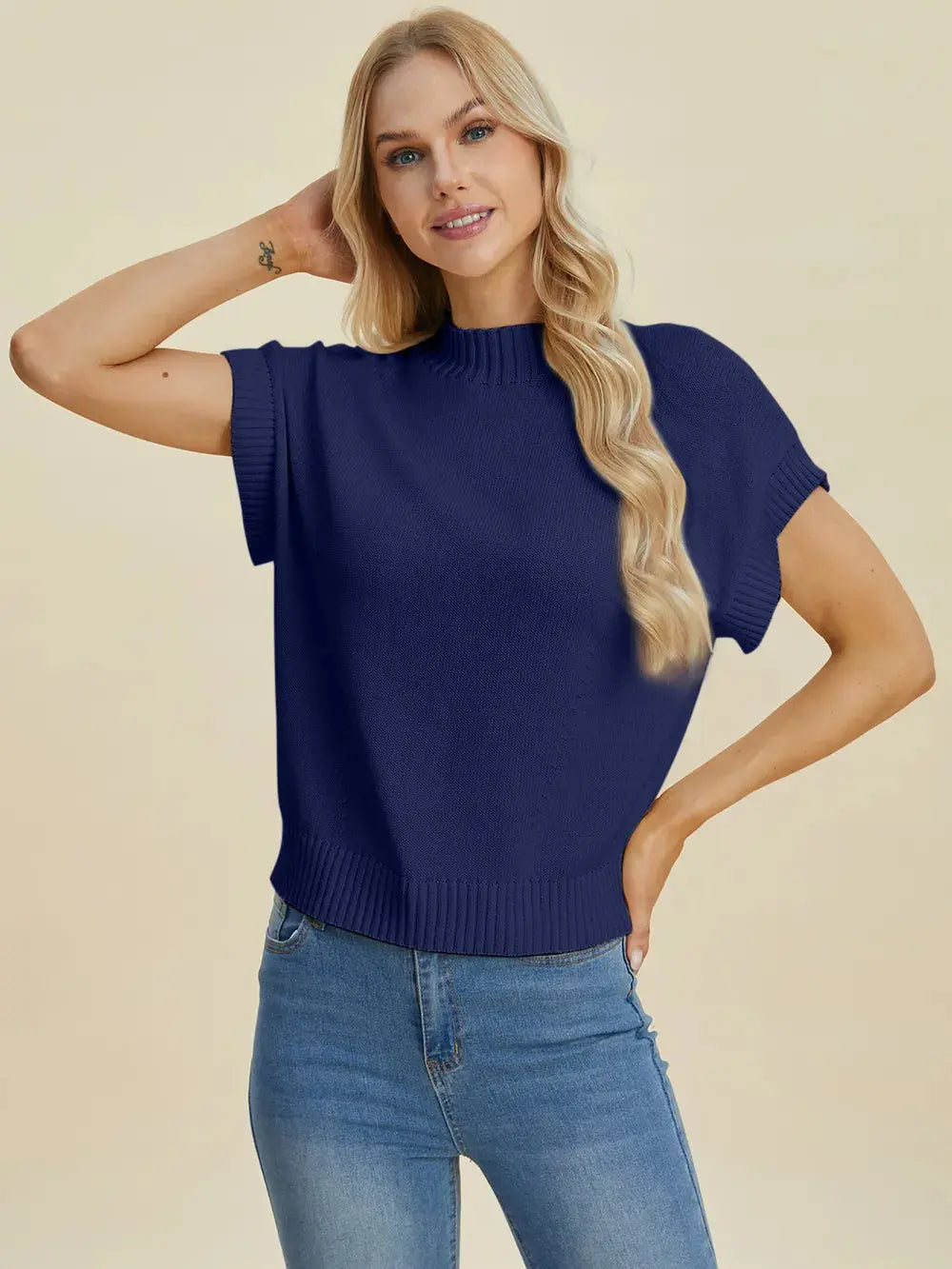 Double Take Full Size Mock Neck Short Sleeve Sweater  Style Ratio