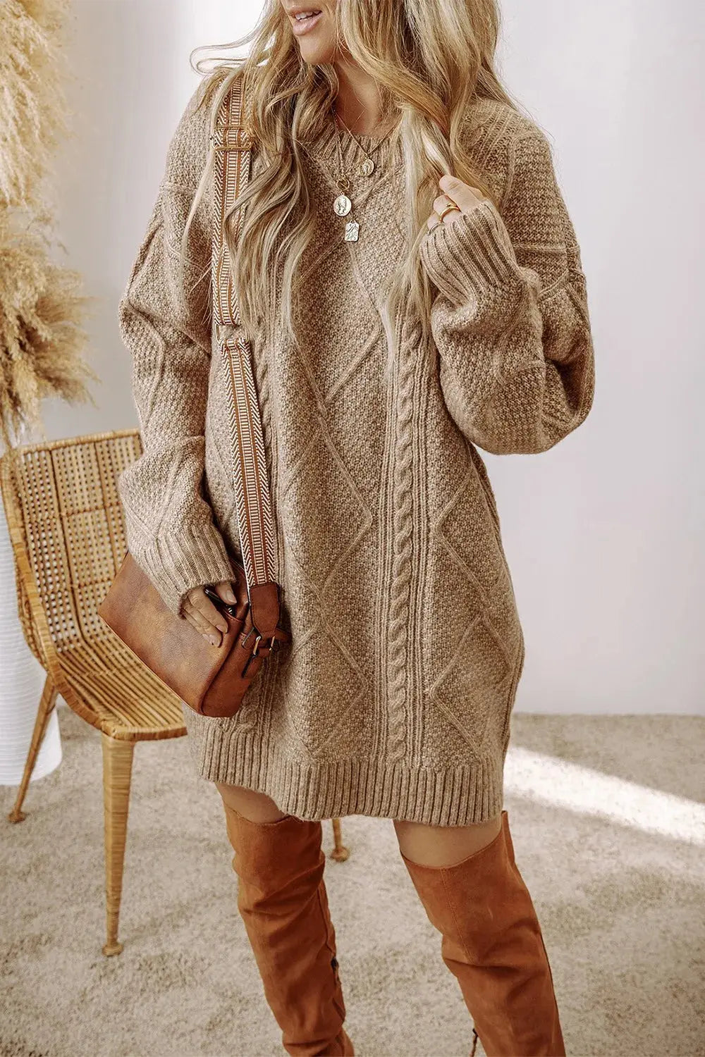Cable-Knit Round Neck Sweater Dress  Style Ratio