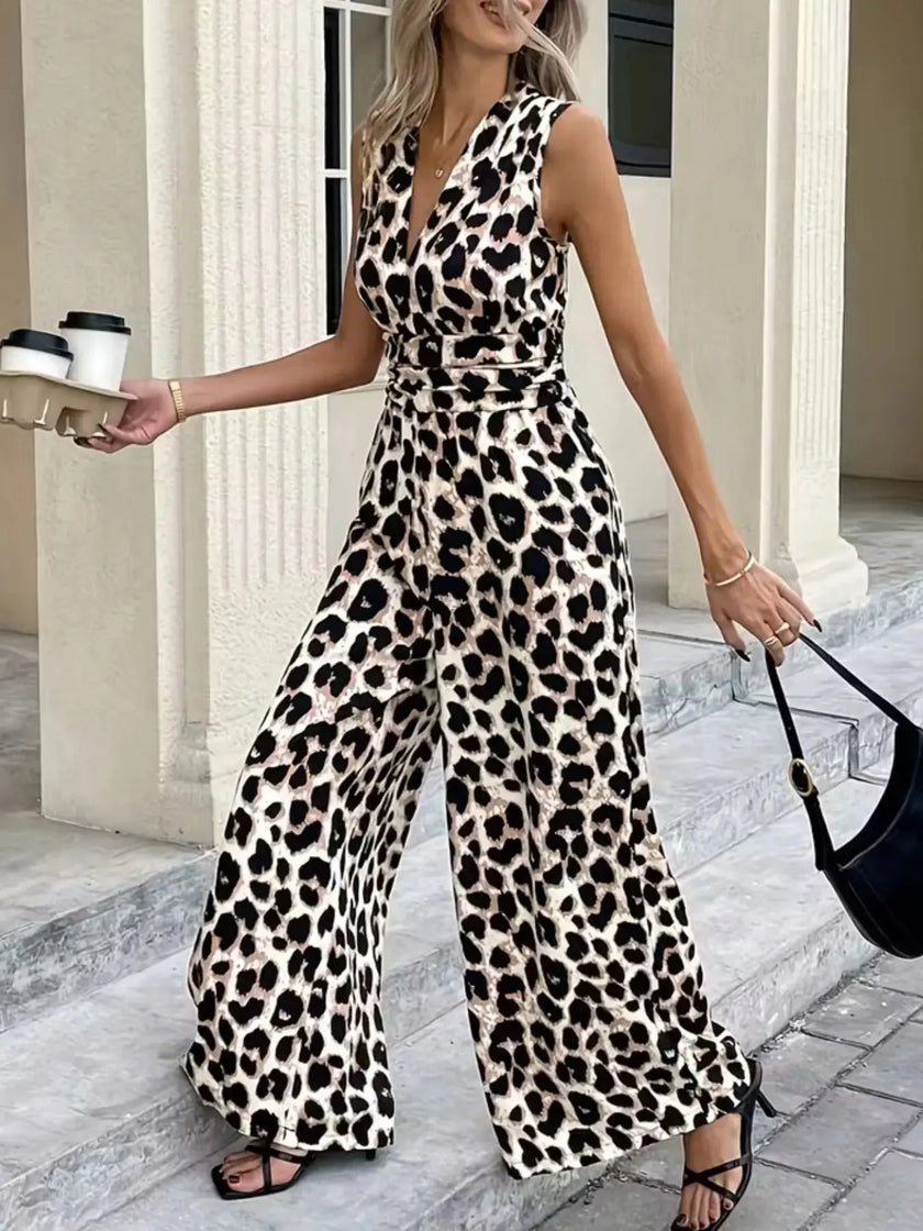 Sleeveless V Neck Leopard Print Jumpsuit  Style Ratio