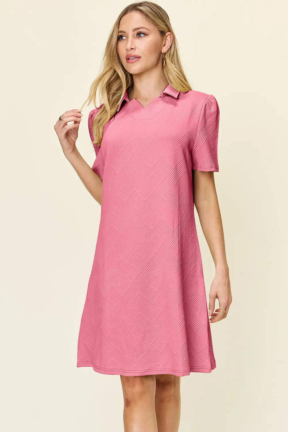 Double Take Full Size Texture Collared Neck Short Sleeve Dress  Style Ratio