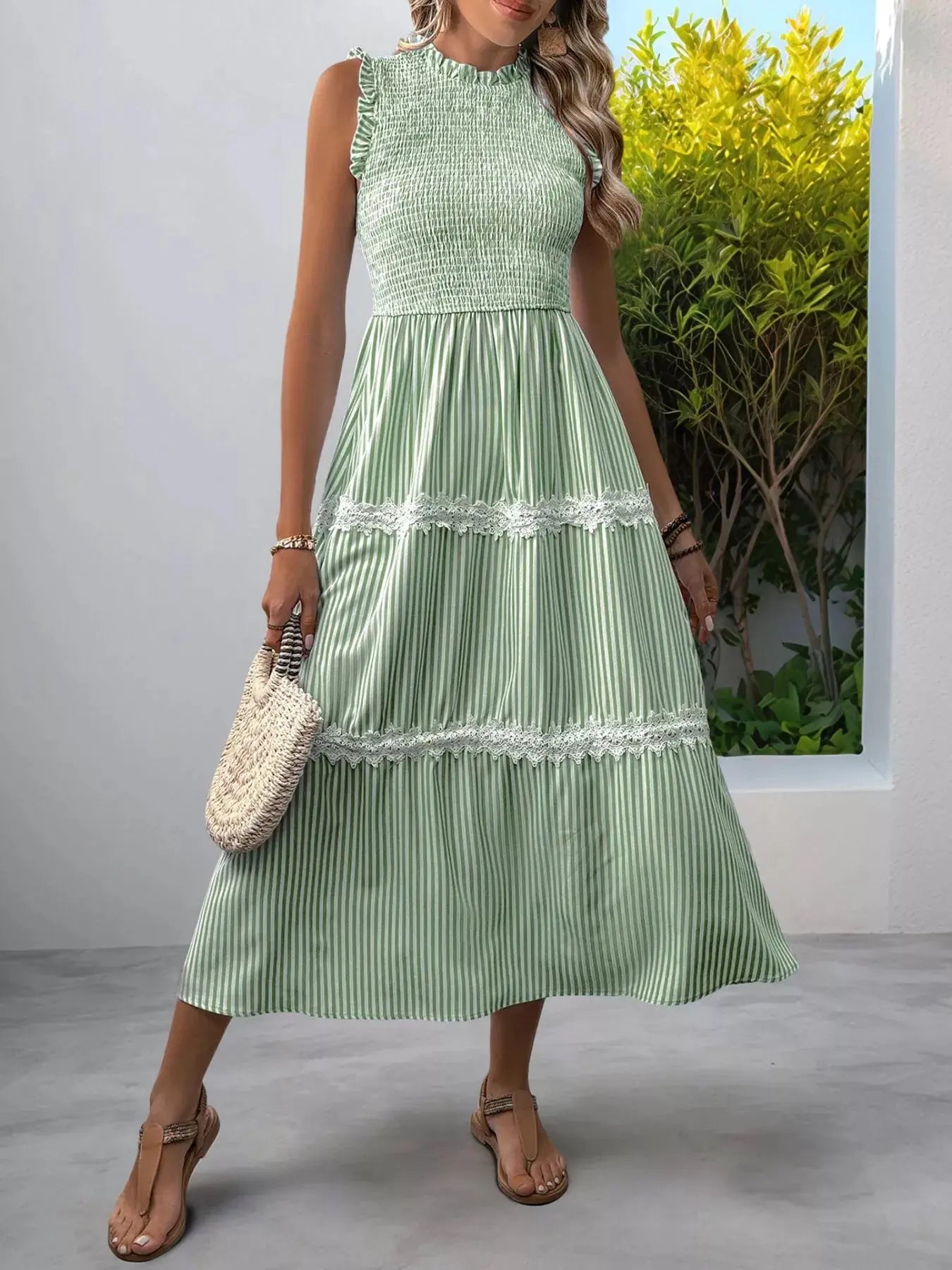 Smocked Striped Lace Trim Sleeveless Midi Dress  Style Ratio