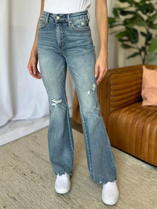 Judy Blue Full Size Medium Rise Tummy Control Destroy Flare  Style Ratio